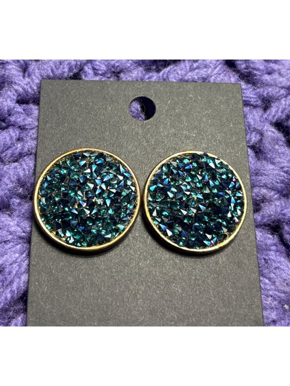 Iridescent Blue Green Glass Rhinestone Pave Circle Stud Earrings Goldtone 1 inch